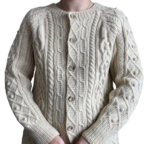 Vintage Hand Knit Womens White 100% Wool Fisherman Chunky Knit Cardigan Sz M - Picture 7 of 9
